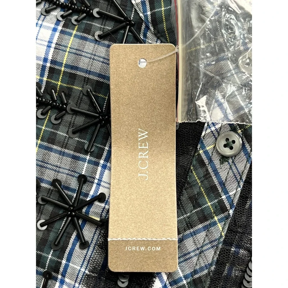 J Crew Plaid Embroidered Shirt Womens M Green Black Button Down Long‎ Sleeve Top